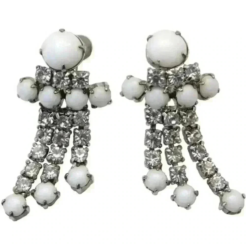 Vintage Earrings White Milk Glass & Clear Rhinestone Dangle Long Moonstone